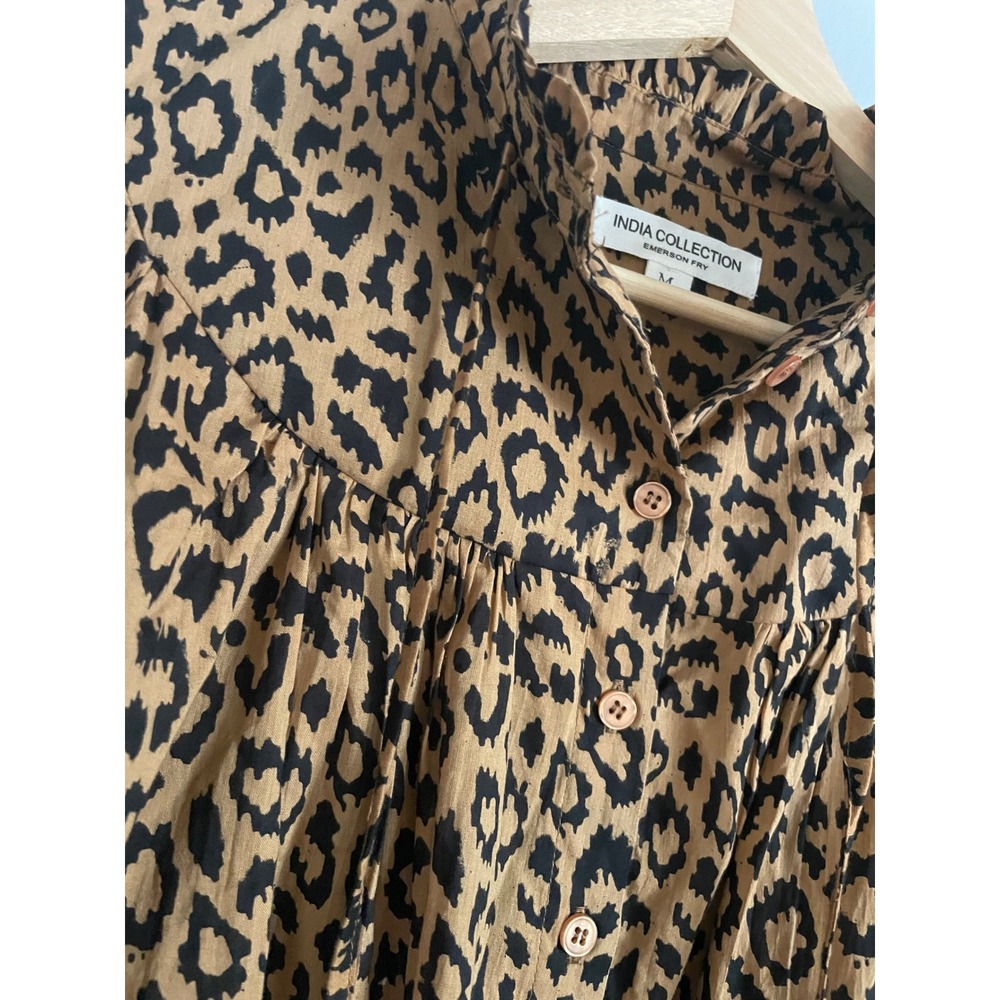Emerson Fry India Collection Top Womens M Brown Leopard Organic Cotton Blouse